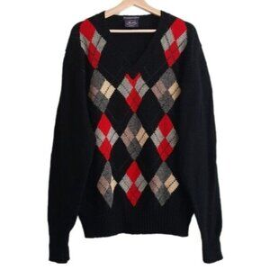 ALLEN SOLLY / 100% Wool Vintage Hand Embroidered Intarsia Argyle Sweater Sz L